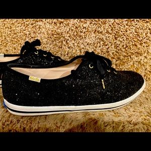 Very gently used black glitter Kate Spade Keds with ribbon shoe laces. Size 10.